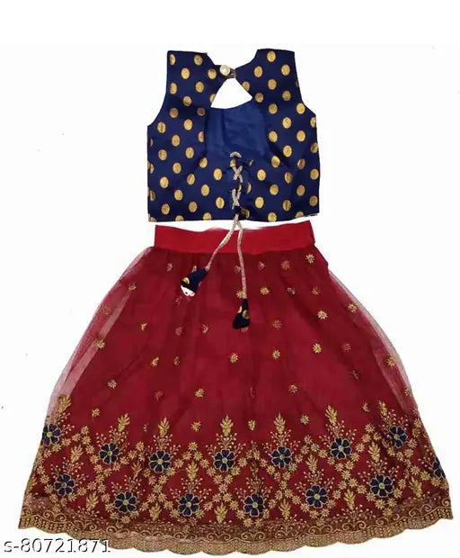 Modern trendy silk & net kids' lehenga cholis, embroidered & zari woven, Indian origin, suitable for functions & festivals