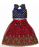 Modern trendy silk & net kids' lehenga cholis, embroidered & zari woven, Indian origin, suitable for functions & festivals