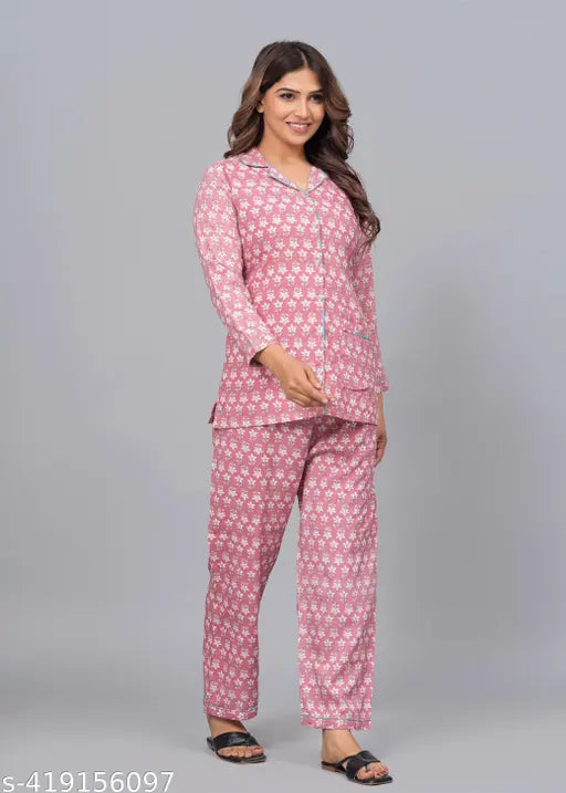 Women's viscose rayon night suit set, printed net pajamas with three-quarter sleeves
