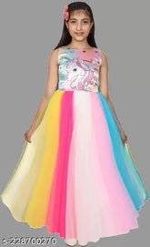 Multicolor unicorn printed net gown for kids party wear, Kittyfashion design, high low silhouette, suitable for various occasions like Diwali, Christmas, etc. (Size: 4-5Y, Bust: 23in, Length: 30in)