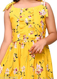 Yellow printed flower knee-length kids party dress, adorned with floral patterns, perfect for every occasion. Soft crepe fabric, sleeveless and round neckline. Made in India