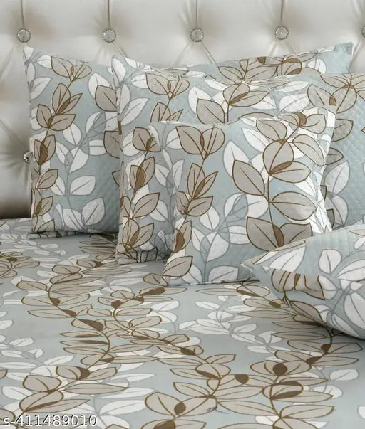 NCS cotton botanical embroidered queen size bedsheet set with 2 pillow covers & 2 cushion covers, 90x100 inches, ideal for summer adult use