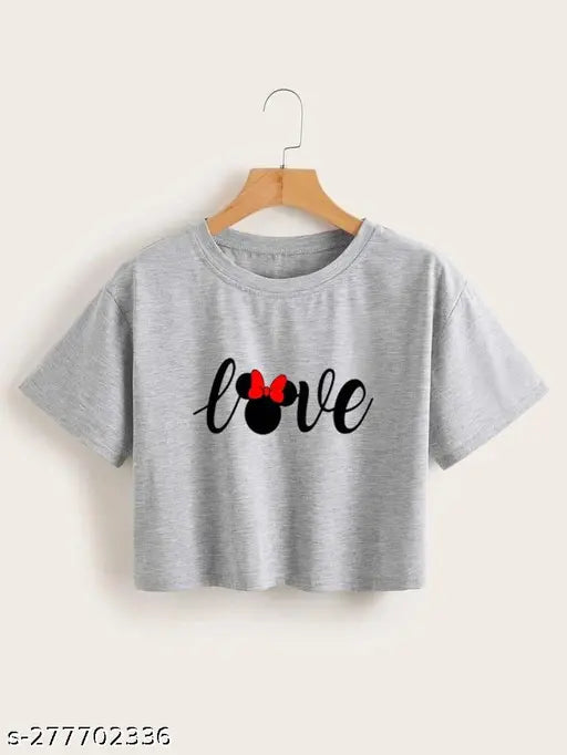 Cotton blend Love gray crop, printed net pattern, short sleeves, size XL, Indian origin