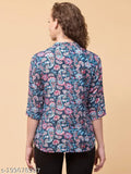 Multicolor rayon short tunic with raised Mandarin collar and three-quarter sleeves, perfect for weekend wear