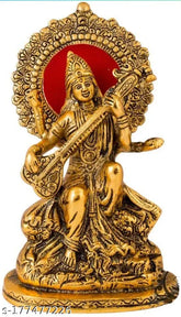 Metal Saraswati JI Idol Statue - 22x12cm, Indian handcrafted knowledge goddess decor item for home temple or office