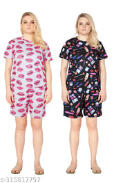 Printed polyester women's shorts set, fashionable and comfortable for lounging at home with side pockets and adjustable waist