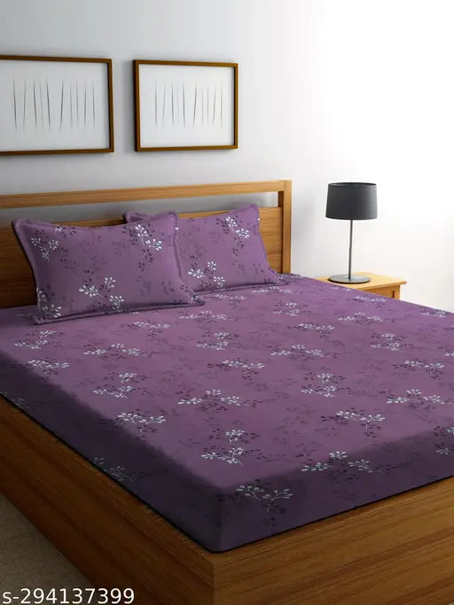 Glace Cotton botanical-patterned double elastic fitted bedsheet (72x78 inches) & 2 pillow covers (18x28 inches), ideal for summer, India origin