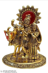 Metal Radhe Krishna standing figurine with cow, Indian Krishna idol on display
