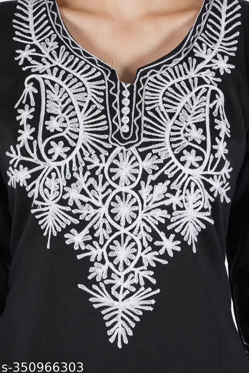 New woolen Aari Kurti, premium quality embroidered three-quarter sleeve wool kurti, made in India (Size L: Bust 40in, Length 42in)