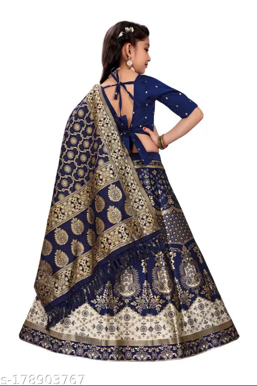 Bamboo Lehenga Cholis for Girls, bebi manidr - short sleeves, zari woven, jacquard stitch, India