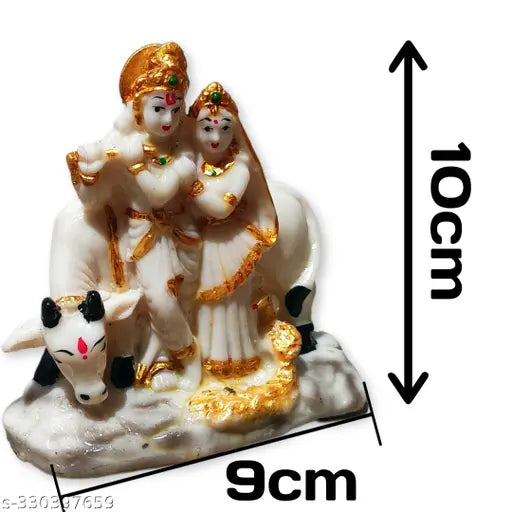 Handcrafted polyresin Radha Krishna Murti with Kamdhenu Cow Statue, 10cm high showpiece for home living room decor