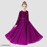 Embellished net full length gown dress for girls, soft fabric and long sleeves. Fashion World Bollywood design, suitable for functions, celebrations, parties. Available sizes from 5-16 years. Made in India