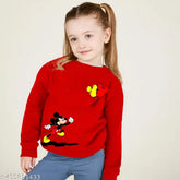 Cotton blend red girls' sweatshirt for winter wear, eye-catching printed design and long sleeves