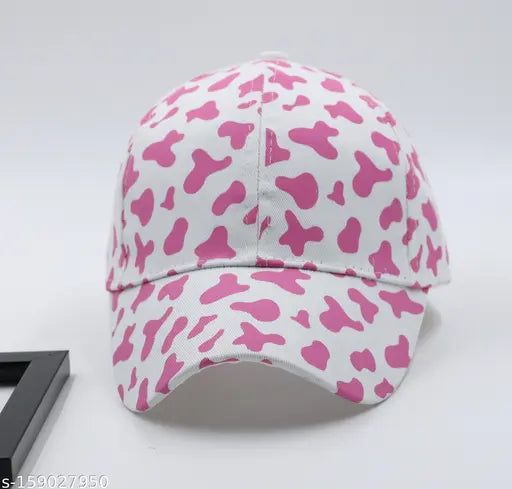 Cotton Cow Print White Pink Baseball Cap, onesize - vibrant design for summer, made in India