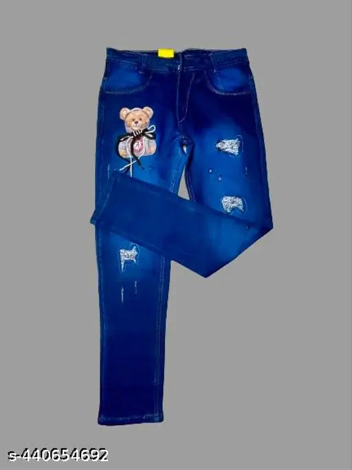 Deep blue distressed denim jeans with teddy bear patch and sparkling embellishments - Hardbull teddy jeans India