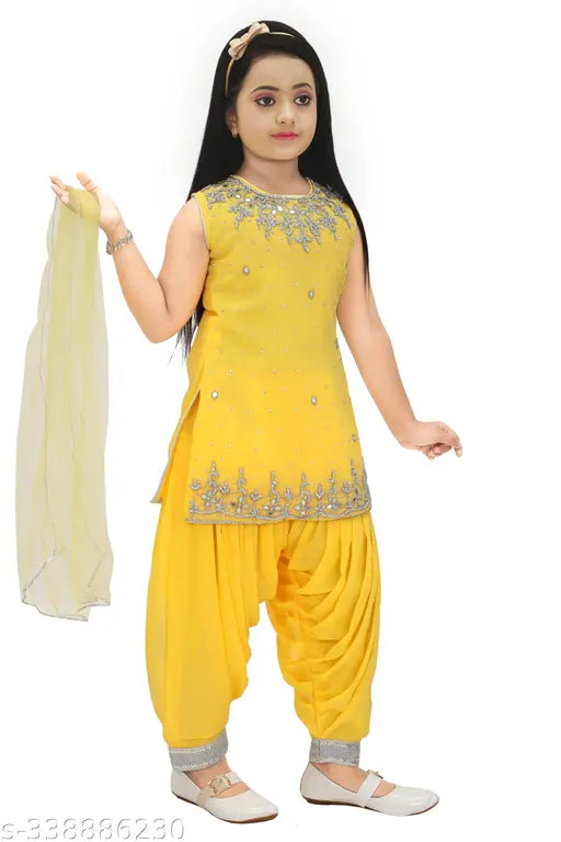 Mustard Georgette girls kurta patiyala set, embellished top with lace net bottom, Indian ethnic wear