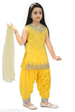 Mustard Georgette girls kurta patiyala set, embellished top with lace net bottom, Indian ethnic wear
