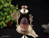 Brass gold brown Haridwar Divine Narmadeshwar Shiva Ling with Trishul decorative showpiece - Indian handcrafted artifact for home decor, 6cm x 6cm x 7cm dimensions