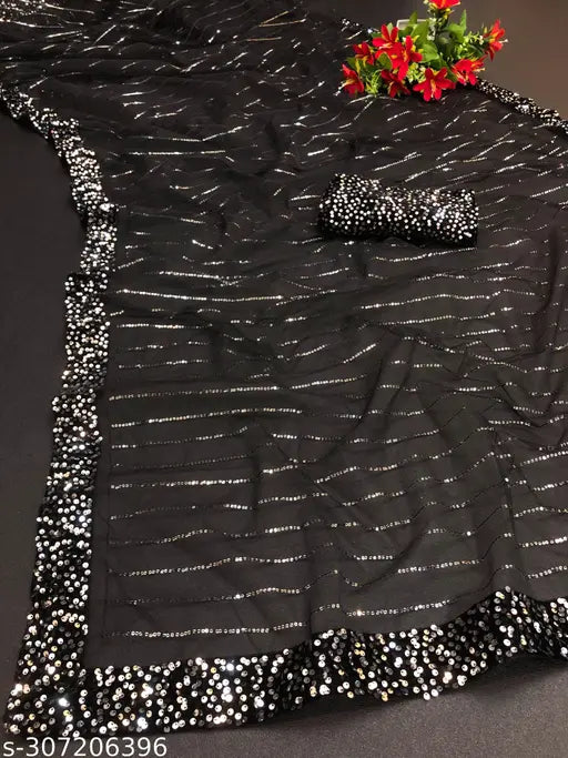 Heavy pure butterfly net saree with embellished sequence work blouse in various colors - pink, wine, black, gray, c green, maroon, creme, light pink. Indian-origin, free size (saree length: 5.5m, blouse length: 0.8m)