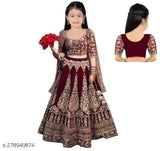 Embroidered velvet lehenga kids choli with net dupatta, suitable for functions and parties. Unstitched material for customization. Indian traditional wear for 3-15 years