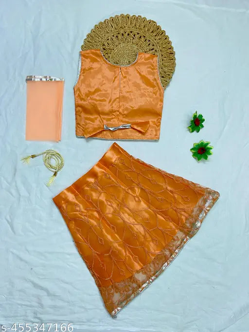 Embellished kids' lehenga choli set, premium quality net fabric with mirror work, Indian origin