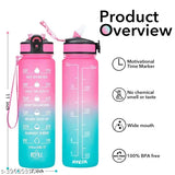 Multicolor motivational Tritan water bottle, leakproof with time marker & flip top, perfect for office, gym, and school. BPA-free, non-toxic, and comfortable to hold