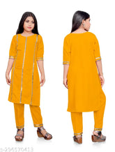 Yellow aari type lace kurti set for kids, crepe material with embellished patterns, palazzos bottom, long top for daily wear