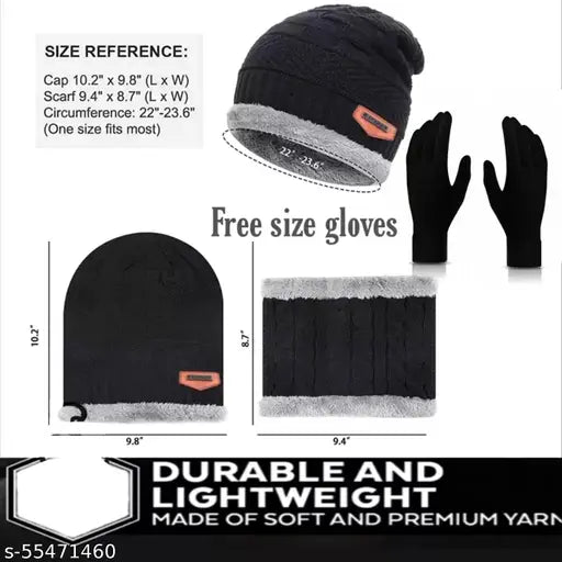 Black textured woolen beanie cap set with neck warmer-scarf and gloves for winter, unisex design, soft fur fabric, snow proof, premium quality, made in India