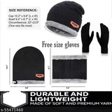 Black textured woolen beanie cap set with neck warmer-scarf and gloves for winter, unisex design, soft fur fabric, snow proof, premium quality, made in India