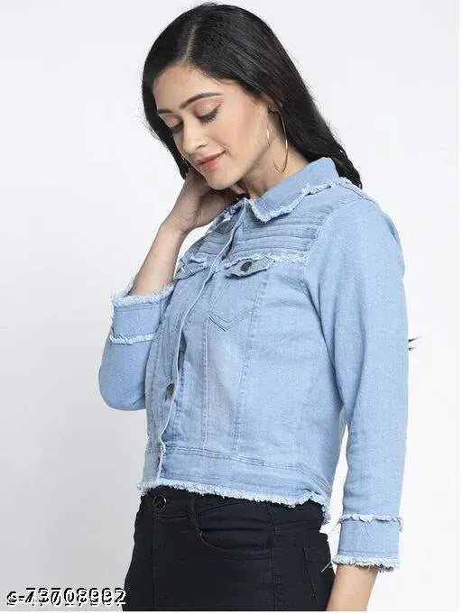 Light blue denim jacket for women, trendy ruff design, premium quality, machine washable