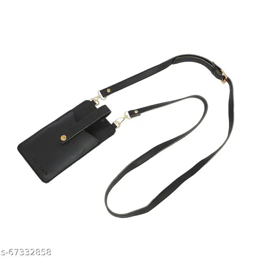 Black faux leather structured sling bag, features buckle detail, 1 main compartment, zip closure, card pocket. Ideal for mobile essentials, free size (L5in x W2in x H7in)