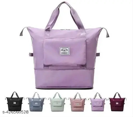 Onion pink polyster foldable travel duffel bag, lightweight, waterproof, 360-degree rotation, ideal for short trips, features two pockets and an inside patch pocket, durable material, easy to carry, suitable for various activities such as travel, sports, or shopping