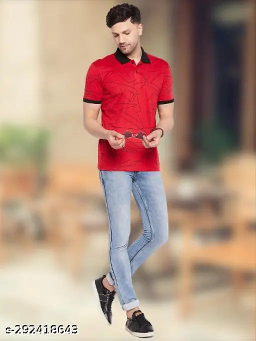 Wild West red cotton blend half-sleeve polo neck short sleeve printed t-shirt for men, stylish summer wear with pocket