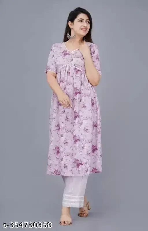 Purple rayon Alia cut kurti with floral print, short sleeves, ideal for women's fashion