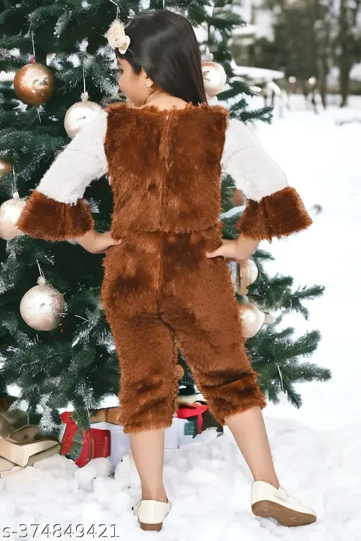 Brown wool sweater jumpsuit with applique pattern and three-quarter sleeves, complete with bow tie accessory. Fancy winter wear for children aged 9-10 years, made in India