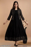 Black rayon embroidered three-quarter sleeve kurti, Indian fashion printed on mannequin