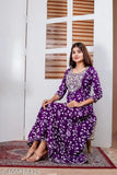 Multicolor rayon flared Anarkali gown with embroidery. Three-quarter sleeve, printed combo. L (Bust 40 in, Length 48 in), XL (Bust 42 in, Length 48 in). Indian festive wear for women and girls