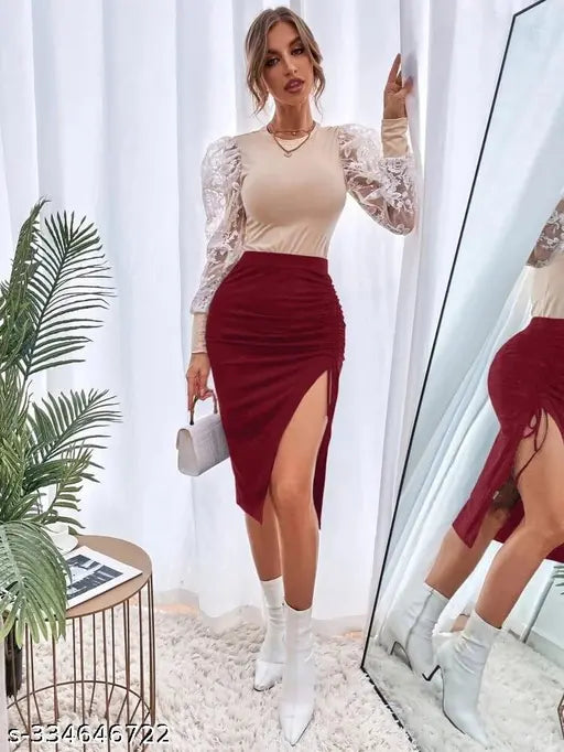 Ruby Maroon polyester mid-length skirt for women, solid design with fancy side cut