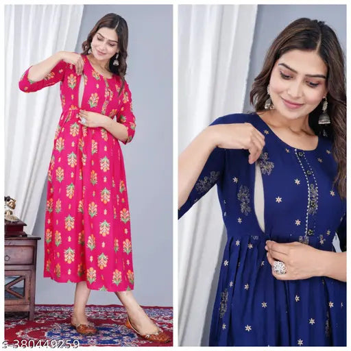 Rayon printed three-quarter sleeve kurti, Chitrarekha refined design. Indian women's fashion accessory on mannequin