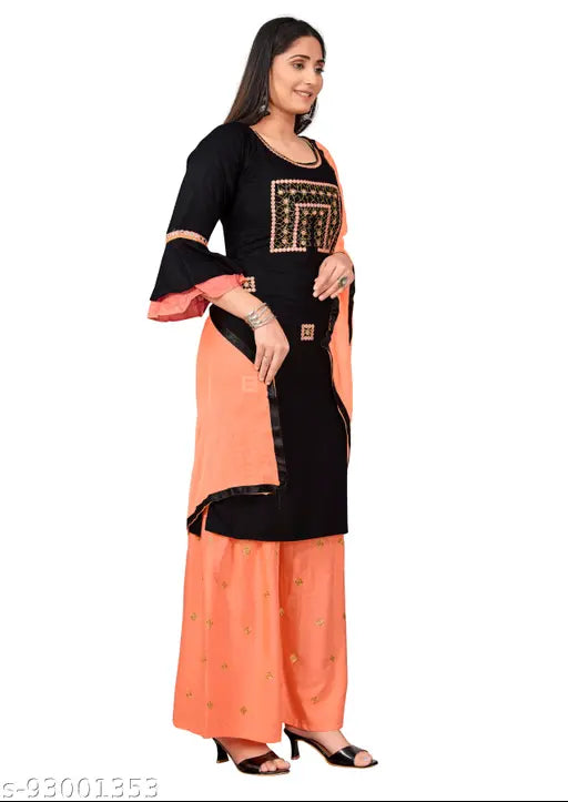 Embroidered cotton dupatta set with kurta and bottomwear, three-quarter sleeves, India-made