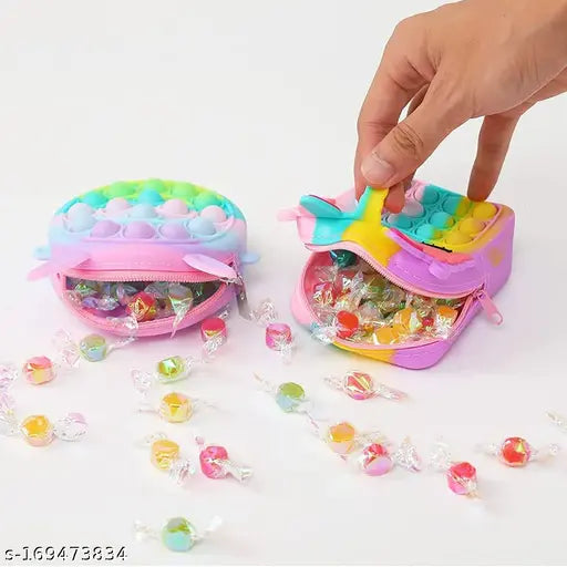 Pink acrylic unicorn-shaped Pop It bag, small Kiditos fidget toy with adjustable strap for kids' stress relief, waterproof and durable sling bag