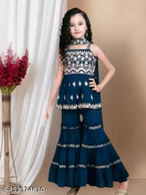 Blue georgette sharara set for girls, intricately embroidered, western-style top and palazzo with dupatta