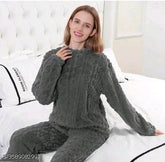 Red embroidered wool nightsuit set - Puff Bhalu, trusted Indian brand