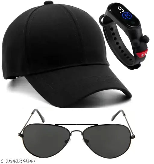 Black cotton baseball cap combo with black polarized lens aviator sunglasses and water-resistant sporty band for men & boys on a self-design pattern