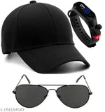 Black cotton baseball cap combo with black polarized lens aviator sunglasses and water-resistant sporty band for men & boys on a self-design pattern