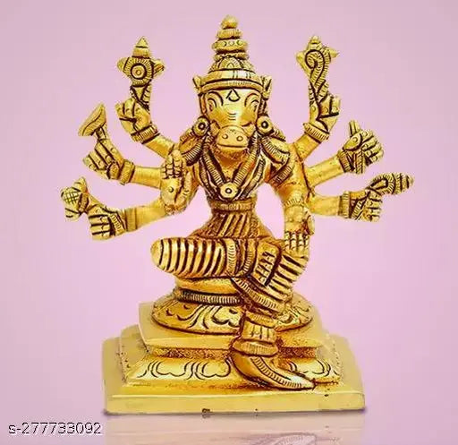 Golden brass, 8-handed Varahi Amman statue - Indian god idol, 6cm height