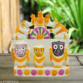 Elegant marble statue set of Lord Jagannath, Balaram, and Subhadra for Navratri Puja - Handcrafted Indian idol set, 11cm L x 12.5cm H x 2.5cm B