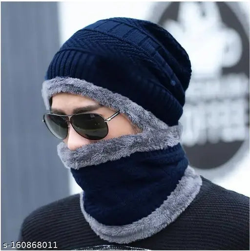 Wool Fleece-lined winter beanie & scarf set, Men/Women, solid pattern, Indian origin