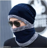 Wool Fleece-lined winter beanie & scarf set, Men/Women, solid pattern, Indian origin