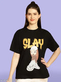 Oversized black printed cotton women's t-shirt (WT-Oversize-501), casual wear with trendy drop shoulder style